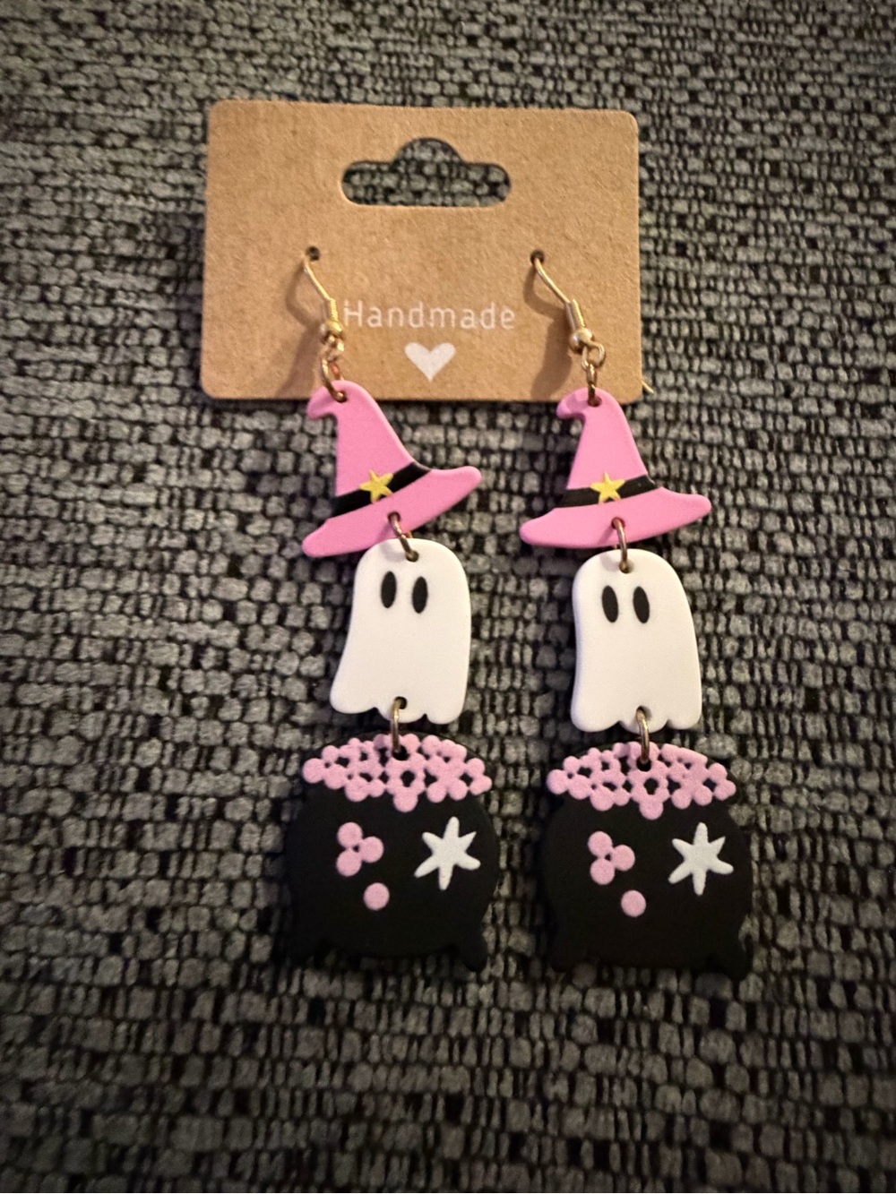 Handmade Pink Witch Hat Ghost Earrings